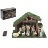 PRESEPE IN LEGNO NATIVITÀ COMPLETA CON LUCI LED 21X32CM PASTORELLI DA 2 A 7CM IN RESINA FUNZIONA A BATTERIE