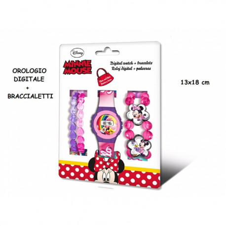 SET 5 PEZZI OROLOGIO DA POLSO MINNIE + 4 BRACCIALETTI DISNEY ORIGINAL OROLOGIO DIGITALE TOPOLINA KIDS ROSA E VIOLA