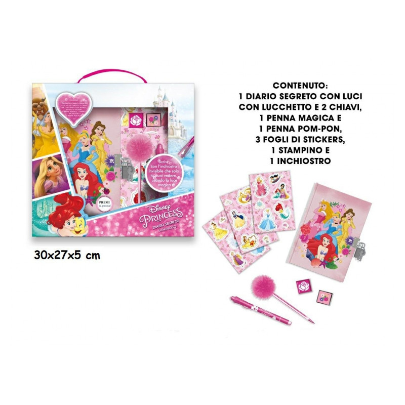 SET MAGICO PRINCIPESSE DISNEY LIBRO DIARIO SGRETO LUMINOSO CON LUCCHETTO  1PENNA POMPOM 1 PENNA MAGICA 1TIMBRO 3 STICKER - Parole e Pensieri