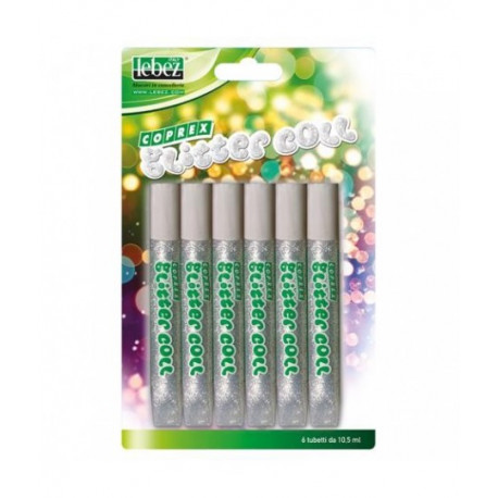 BLISTER 6 TUBETTI GLITTER BRILLANT ARGENTO COLL COLLA GLITTER COPREX LEBEZ 10,5ML CON BECCUCCIO USALO COME UNA PENNA