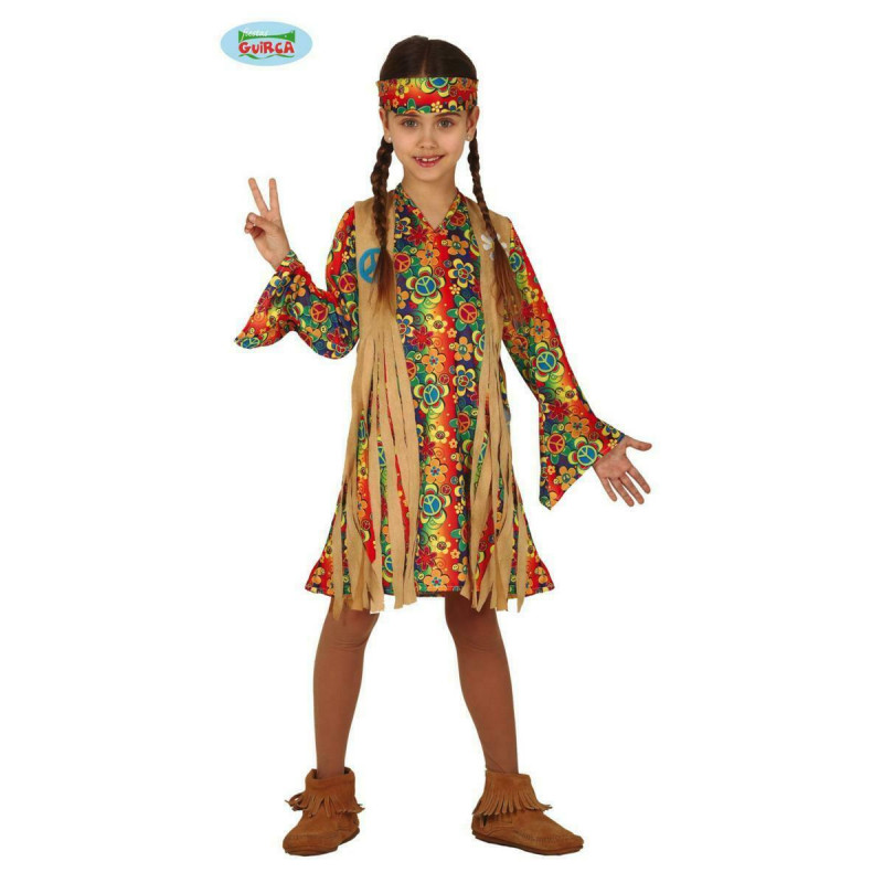 COSTUME CARNEVALE HIPPIE 10 12ANNI 70 VESTITO FIGLI DEI FIORI BIMBA ABITO CON FRANGIE E BANDANA DELLA PACE NO ACCESSORI Parole e Pensieri