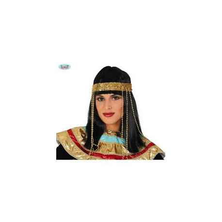 PARRUCCA NERA REGINA EGIZIANA CLEOPATRA CON DIADEMA GIOIELLI ORO PER TRAVESTIMENTI DI CARNEVALE A TEMA ANTICO EGITTO
