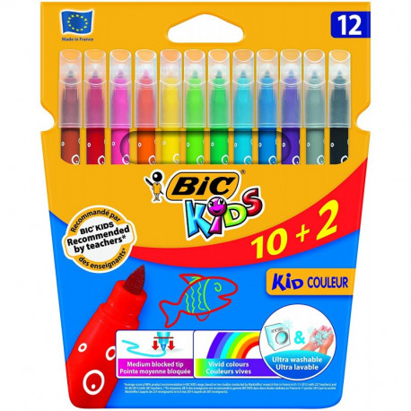 PENNARELLI BIC KIDS 10+2 COLORI SUPERLAVABILI PUNTA MEDIA BLOCCATA COLORI BRILLANTI DI ALTA QUALITÀ BIC