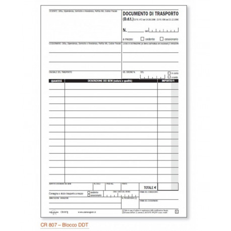 DOCUMENTO DI TRASPORTO 2 COPIE 50 MODULI DUPLICE COPIA AUTORICALCANTI FORMATO A5 COD.CR 807 CIERRE MADE IN ITALY