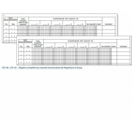REGISTRO CORRISPETTIVI MANCATO FUNZIONAMENTO REGISTRATORE CASSA. MIS.31X24,5 CM.