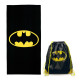 SET BATMAN TELO MARE 70X140CM + ZAINETTO A SACCA 40X30CM NERA CON SPALLACCI GIALLI PRODOTTO UFFICIALE WB.HERME ITALY