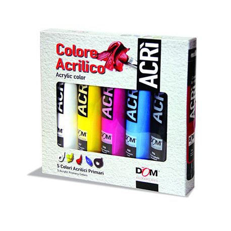 SET 5 COLORI ACRILICI TUBETTI DA 100 ML VARI COLORI NERO CIANO MAGENTA GIALLO BIANCO PITTURA ACRILICA