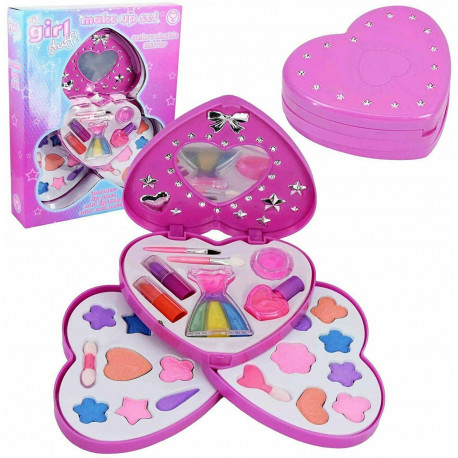 SCATOLA TROUSSE TRUCCO CON SPECCHIO CUORE SET MAKE UP ITS GIRL STUFF! UNBRECABLE MIRROR LIP GLOSS LIPSSTICKS NAIL POLISH