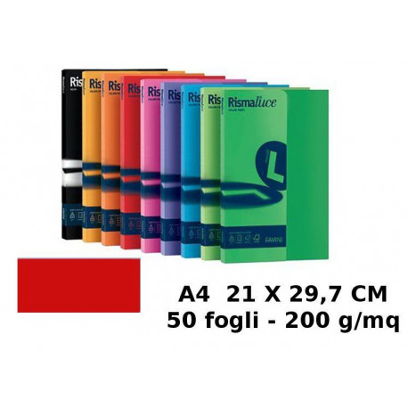 RISMA LUCE COLORI FORTI 50 FOGLI CARTONCINO ROSSO SCARLATT 200G. MQ.210X297MM A4 COPY INK JET LASER FAVINI MADE IN ITALY