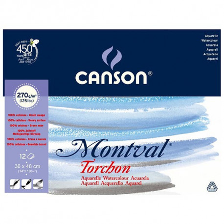 BLOCCO PER PITTURA ACQUERELLO MONTVAL TORCHON 36X48CM 270GR 125LB 100% CELLULOSA GRANA A NUVOLA CANSON MADE IN FRANCE