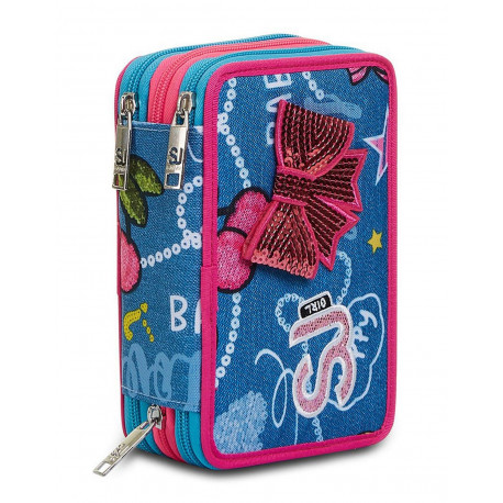 ASTUCCIO SCUOLA 3 ZIP SJ GANG JUSTDENIM GIRL FIOCCO INTE.45PZ.ALTA QUALITÀ PENNA CANCEL.FRIXION/GIOTTO/PRITT/SEVEN ITALY