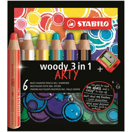 ASTUCCIO WOODY ARTY 6 COLORI 3 IN 1 MATITONI MULTIUSO COLORATI PASTELLI A CERA E ACQUERELLO TUTTO IN 1+TEMPERINO STABILO