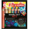 ASTUCCIO WOODY ARTY 6 COLORI 3 IN 1 MATITONI MULTIUSO COLORATI PASTELLI A CERA E ACQUERELLO TUTTO IN 1+TEMPERINO STABILO