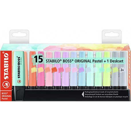 SET SCRIVANIA STABILO BOSS EVIDENZIATORI 15 COLORI ASSORTITI PASTELLO E COLORI FORTI TISCHSET DESKSET ORIGINAL BOSS 100%