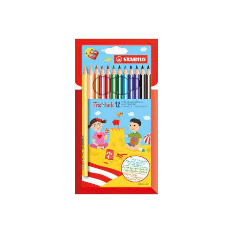 TRIO THICK PASTELLI LEGNO JUMBO STABILO FUSTO ERGONOMICO TRIANGOLARE 12 PEZZI+TEMPERINO COLORI BRILLANTI TRATTO MORBIDO