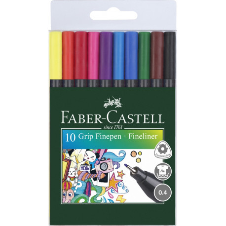 ASTUCCIO 10 PENNE FINELINER GRIP FINEPEN PUNTA EXTRAFINE F 0,4MM PER SCRIVERE E DISEGNARE SU TUTTE LE SUPERFICI FABER