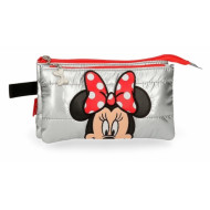 BUSTINA PORTATUTTO MINNIE MY PRETTY BOW 2 ZIP 3 SCOMPARTI 22X12X5CM NECESSER TOPOLINA LOVE ARGENTO TRAPUNTATO E ROSSA