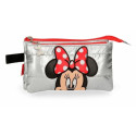 BUSTINA PORTATUTTO MINNIE MY PRETTY BOW 2 ZIP 3 SCOMPARTI 22X12X5CM NECESSER TOPOLINA LOVE ARGENTO TRAPUNTATO E ROSSA