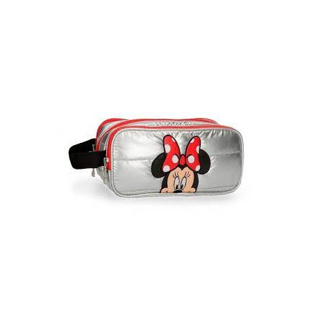 NECESSER BEAUTY DA VIAGGIO MINNIE MY PRETTY BOW DISNEY ORIGINAL 3 ZIP 22X10X9CM PORTATUTTO TRAPUNTATO ARGENTO E ROSSO