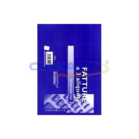 BLOCCO FATTURE 3 ALIQUOTE 50 MODULI DUPLICE COPIA CARTA AUTORICALCANTE FORMATO A4 21X29,7CM. ARTICOLO.S3033