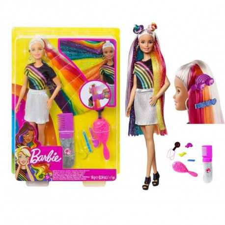 SET BAMBOLINA BARBIE CAPELLI ARCOBALENO + ACCESSORI PETTINATURA+GEL GLITTER GIOCATTOLI PER BAMBINI 5+ANNI MATTEL