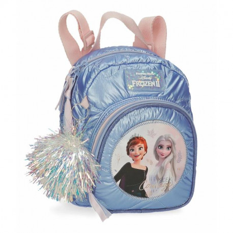 ZAINETTO 2ZIP CON POM POM ELSA E ANNA FROZEN SEEK COURAGE DISNEY ORIGINAL 19X23X8CM MORBIDO AZZURRO ZIP E SPALLACCI ROSA