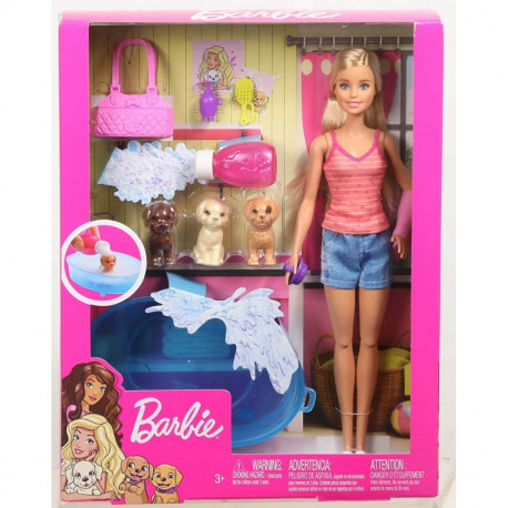 BAMBOLINA 30CM BARBIE CON VASCA E ACCESSORI PER FARE IL BAGNETTO E PETTINARE I SUOI AMICI CUCCIOLI MATTEL