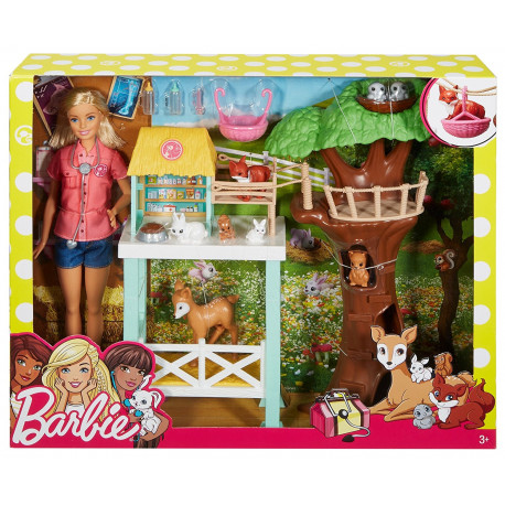 BARBIE VETERINARIA E I SUOI AMICI ANIMALI DOLL E PLAYSET 39X32X8CM CON BAMBOLA BIONDA ACCESSORI ALBERO LIBRO MATTEL