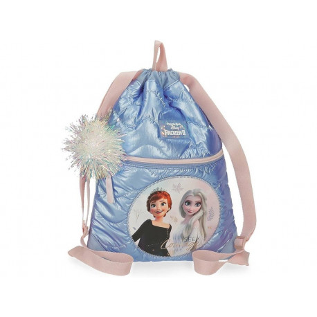 ZAINETTO GYM SAC 1ZIP POM POM ELSA E ANNA FROZEN SEEK COURAGE DISNEY 30X40CM MORBIDO AZZURRO ZIP E SPALLACCI ROSA