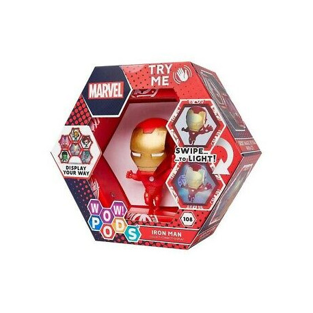 IRON MAN FIGURA LUMINOSA 13X15CM MARVEL 108 TRY ME SWIPE TO LIGHT! WOW POODS DISPLAY YOUR WAY CON LIBRICINO ISTRUZIONI