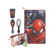 SET DA VIAGGIO SPIDER MAN MARVEL BEAUTY CASE COMPLETO 4PZ BUSTINA GRANDE TRASPARENTE + SPAZZOLA BICCHIERE ASCIUGAMANO