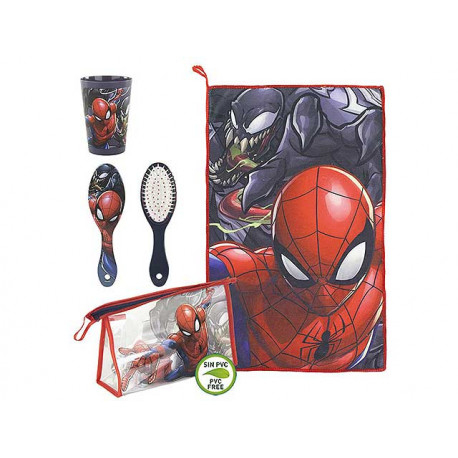 SET DA VIAGGIO SPIDER MAN MARVEL BEAUTY CASE COMPLETO 4PZ BUSTINA GRANDE TRASPARENTE + SPAZZOLA BICCHIERE ASCIUGAMANO