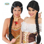 PARRUCCA CAPELLI NERI CON TRECCIA LUNGA PER TRAVESTIMENTI DI CARNEVALE E SPETTACOLI A TEMA INDIANA POCAHONTAS APACHE