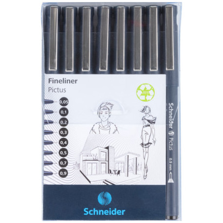 ASTUCCIO 8 FINELINER PICTUS PUNTE DA 0,05 A 0,9MM PER DISEGNI TECNICI E ARTISTICI INCHIOSTRO NERO PIGMENTATO BASE ACQUA