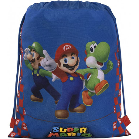 ZAINO COULISSE SUPERMARIO OFFICIAL NINTENDO SACCA CON SPALACCI E TASCA LATERALE CON ZIP 42X35CM DA PANINI SCUOLA ITALY