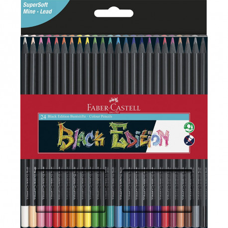 FABER CASTELL 24 COLORI A LEGNO BLACK EDITION MINA 3,3MM MORBIDA FUSTO NERO IDEALE PER CARTE LEGGERE COLORATE E SCURE