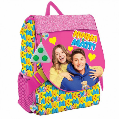 NINNA E MATTI ZAINO SCUOLA ESTENSIBILE CON ZIP + SUPER POP IT OMAGGIO ZAINETTO 44X32X16CM FUCSIA GIALLO E MULTICOLOR