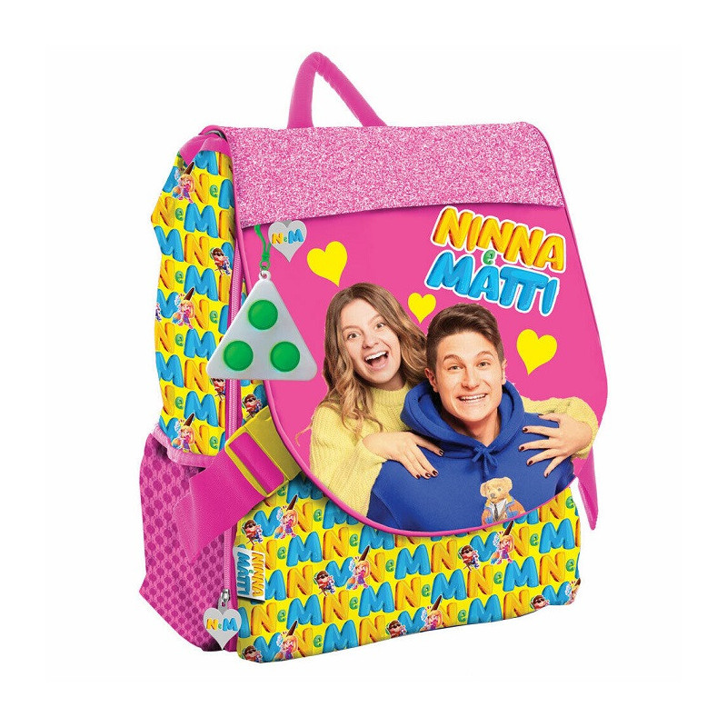 NINNA E MATTI ZAINO SCUOLA ESTENSIBILE CON ZIP + SUPER POP IT OMAGGIO  ZAINETTO 44X32X16CM FUCSIA GIALLO E MULTICOLOR - Parole e Pensieri