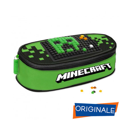 ASTUCCIO OVALE SCUOLA ORGANIZZATO MINECRAFT+PIXEL PER PERSONALIZZARLO VERDENERO 23X11X9,5CM DA PANINI SCUOLA ITALY