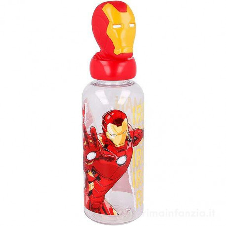 BORRACCIA TRITAN 560ML IRON MAN MARVEL ORIGINAL IN PLASTICA TRASPARENTE RIGIDA TAPPO 3D TESTONE MORBIDO UOMO DI FERRO