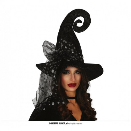 CAPPELLO DA STREGA NERO E ARGENTO CON VELO STOFFA MORBIDA PER TRAVESTIMENTO DI CARNEVALE HALLOWEEN HORROR