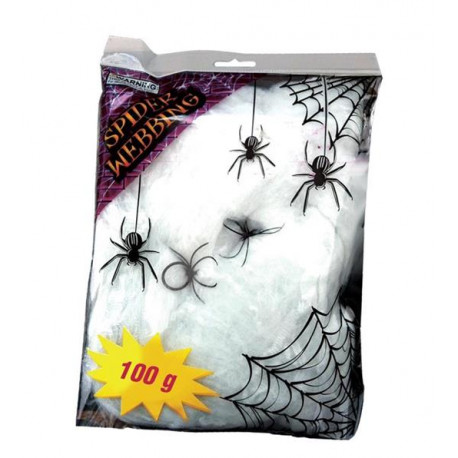 BUSTA FINTA RAGNATELA BIANCA 100GR 3,5 CON 6 RAGNI NERI IN PLASTICA SPIDER WEB ARTICOLI DECORATIVI DI HALLOWEEN