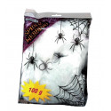 BUSTA FINTA RAGNATELA BIANCA 100GR 3,5 CON 6 RAGNI NERI IN PLASTICA SPIDER WEB ARTICOLI DECORATIVI DI HALLOWEEN