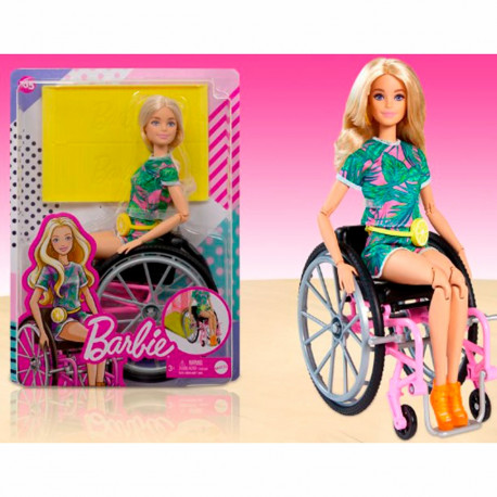 BARBIE SU SEDIA A ROTELLE BAMBOLA BIONDA VESTITO AWAIANO BARBIE DOLL AND ACCESSORIES GIOCATTOLO PER BAMBINI 3+ MATTEL