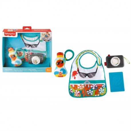 SET 4PEZZI PICCOLO TURISTA CREMA SOLARE BAVAGLIO MACCHINA FOTOGRAFICA C/SONAGLIO PASSAPORTO MORDICCHIABILE FISHER PRICE