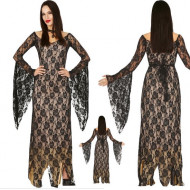 COSTUME CARNEVALE ELEGANTE ROSE NERE IN PIZZO TG M EVIL LADY ABITO DA SERA LUNGO MORTICIA FAMIGLIA ADDAMS HALLOWEEN NO A