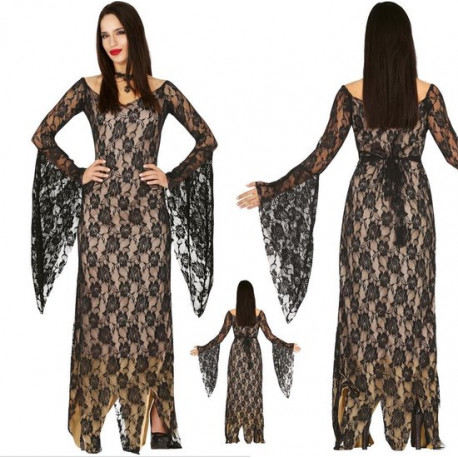 COSTUME CARNEVALE ELEGANTE ROSE NERE IN PIZZO TG L EVIL LADY ABITO DA SERA LUNGO MORTICIA FAMIGLIA ADDAMS HALLOWEEN NO A