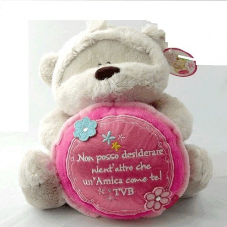 PELUCHE ORSETTO FIZZY MOON 20 CM. CON CUSCINO TONDO ROSA CON FRASE AMICA TVB.ALTISSIMA QUALITA