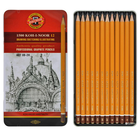 SET 12 MATITE GRADUATE 1500 PROFESSIONAL GRAPHITE IN ASTUCCIO DI METALLO SERIE 1B/8B + F-H-HB-2H KOH-I-NOOR HARDTMUTH