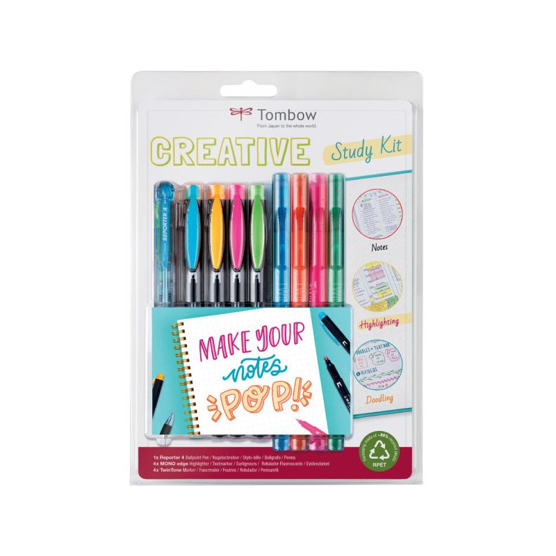 SET 9 PEZZI CREATIVE STUDY KIT MAKE YOUR NOTES 1 PENNA 4 COLORI 4  EVIDENZIATORI A PENNA 4 MARKER PENNARELLI TOMBOW JAPAN - Parole e Pensieri